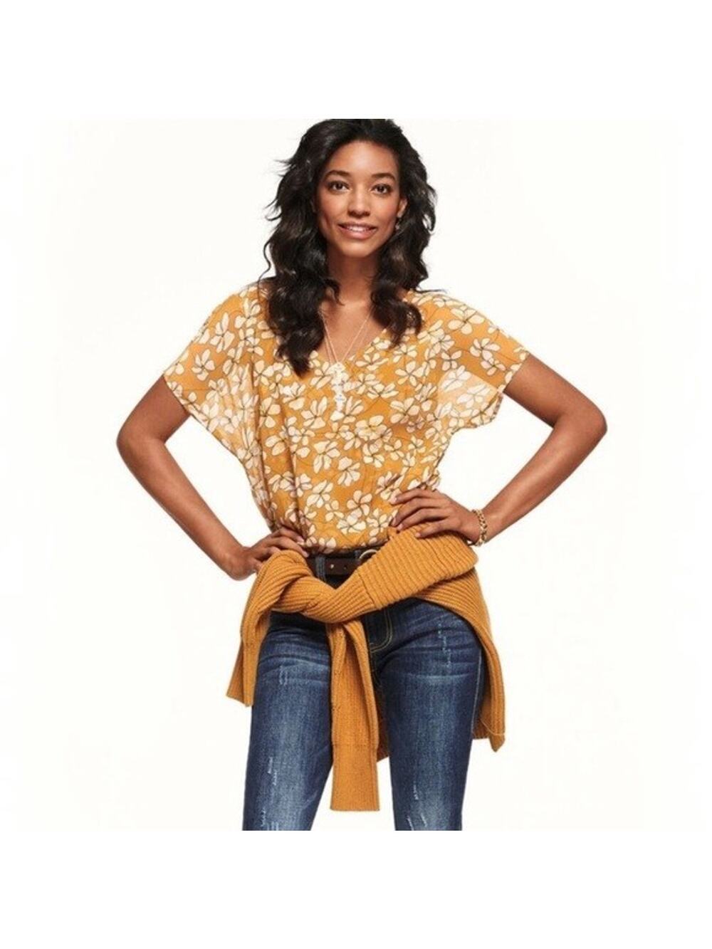 Cabi Top Small Yellow Floral Thrive Dolman Sleeve Chiffon V-Neck Blouse 3598